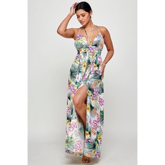 Purple Tropical Floral Palm Vacation Cruise Summer Sexy Slit Maxi Halter Dress - Picture 3 of 5